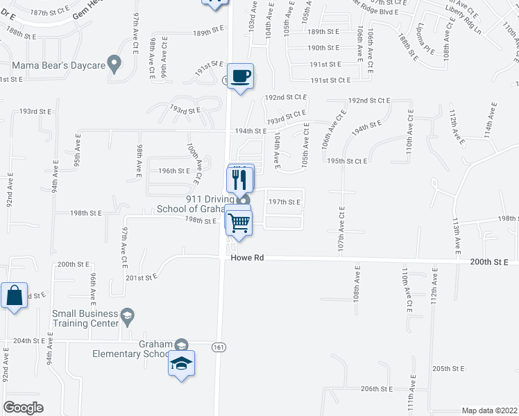 map of restaurants, bars, coffee shops, grocery stores, and more near 19624 104th Avenue East in Graham