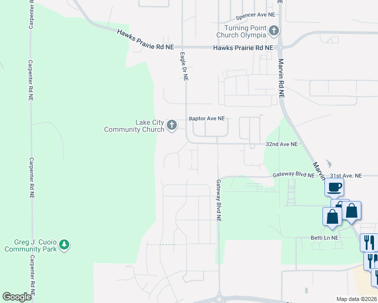 map of restaurants, bars, coffee shops, grocery stores, and more near 3029 Eagle Drive Northeast in Olympia