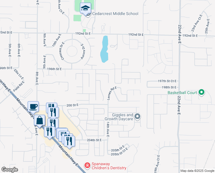map of restaurants, bars, coffee shops, grocery stores, and more near 19716 14th Avenue Court East in Spanaway