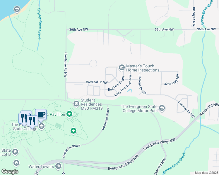 map of restaurants, bars, coffee shops, grocery stores, and more near 3121 Red Fern Drive Northwest in Olympia