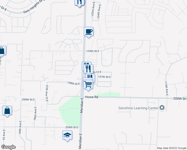 map of restaurants, bars, coffee shops, grocery stores, and more near 10306 196th Street Court East in Graham