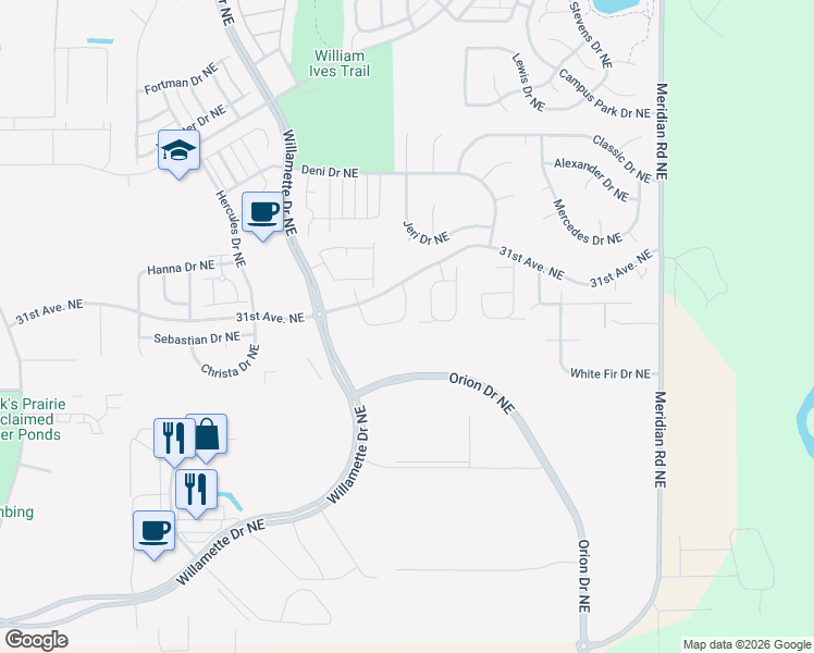 map of restaurants, bars, coffee shops, grocery stores, and more near 3044 Puget Meadow Loop Northeast in Lacey
