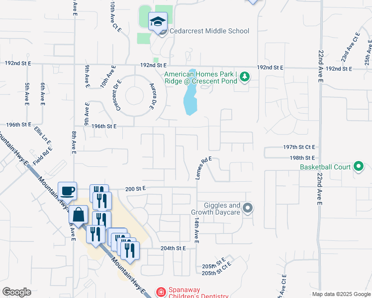 map of restaurants, bars, coffee shops, grocery stores, and more near 19703 14th Avenue East in Spanaway