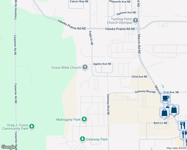 map of restaurants, bars, coffee shops, grocery stores, and more near 3118 Eagle Drive Northeast in Olympia