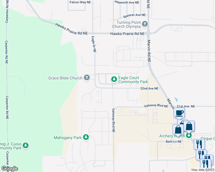 map of restaurants, bars, coffee shops, grocery stores, and more near 3079 Eagle Loop Northeast in Lacey