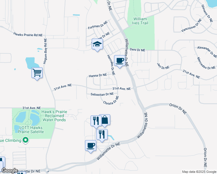 map of restaurants, bars, coffee shops, grocery stores, and more near 8704 Sebastian Drive Northeast in Lacey