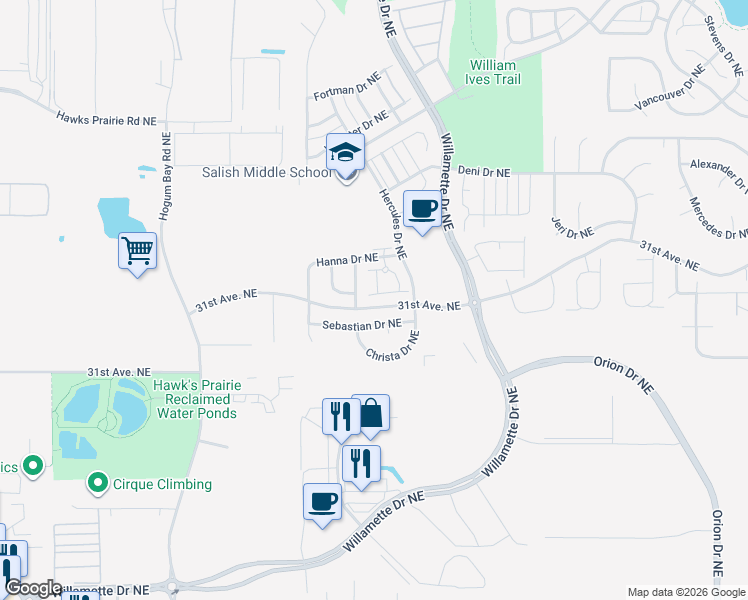 map of restaurants, bars, coffee shops, grocery stores, and more near 8704 Sebastian Drive Northeast in Lacey