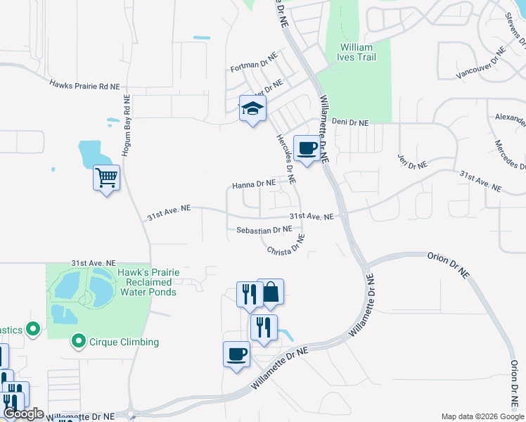map of restaurants, bars, coffee shops, grocery stores, and more near 3108 Gladiator Street Northeast in Lacey