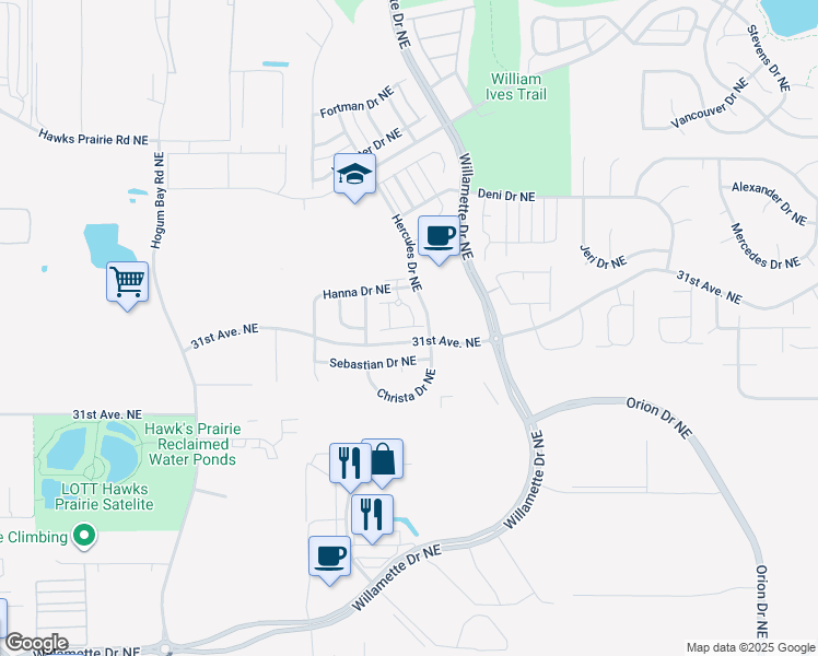map of restaurants, bars, coffee shops, grocery stores, and more near 8704 Sebastian Drive Northeast in Lacey