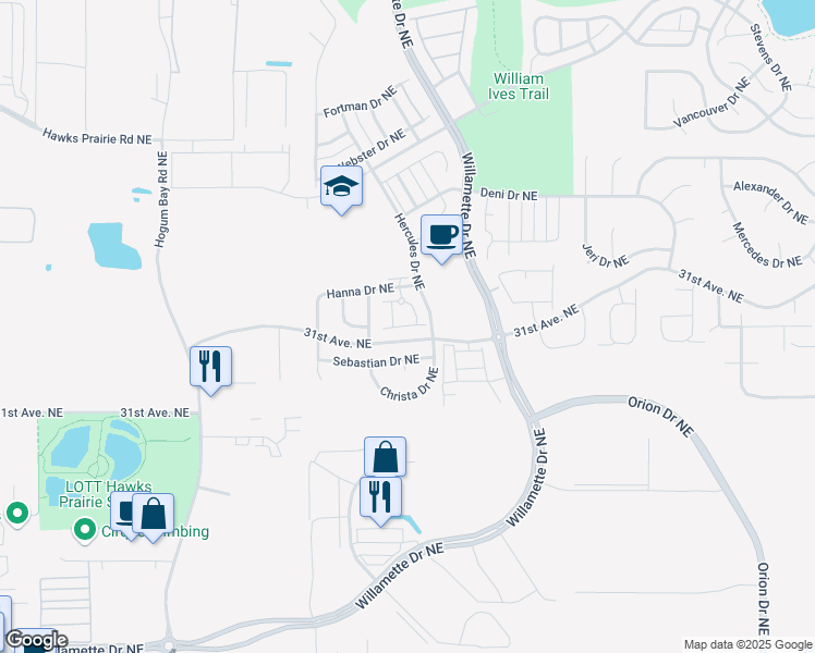 map of restaurants, bars, coffee shops, grocery stores, and more near 8704 Sebastian Drive Northeast in Lacey