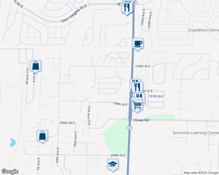 map of restaurants, bars, coffee shops, grocery stores, and more near 9921 196th Street Court East in Graham