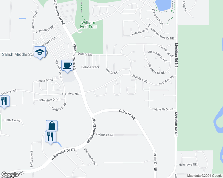 map of restaurants, bars, coffee shops, grocery stores, and more near 2914 Campus Prairie Loop Northeast in Lacey