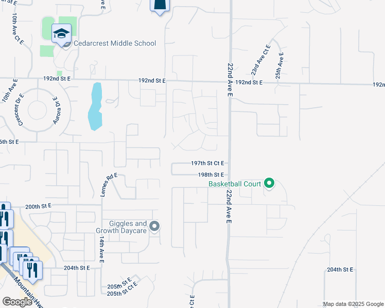 map of restaurants, bars, coffee shops, grocery stores, and more near 2004 197th Street Court East in Spanaway