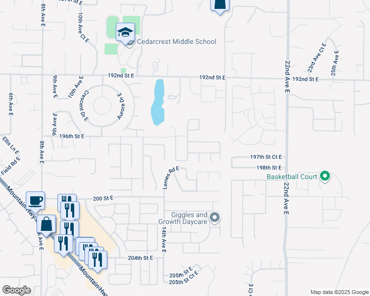 map of restaurants, bars, coffee shops, grocery stores, and more near 19614 15th Avenue Court East in Spanaway