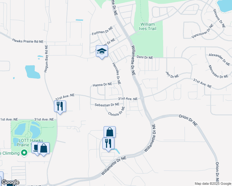 map of restaurants, bars, coffee shops, grocery stores, and more near 8704 Sebastian Drive Northeast in Lacey
