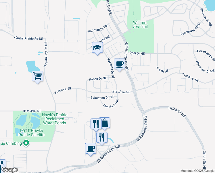 map of restaurants, bars, coffee shops, grocery stores, and more near 8704 Sebastian Drive Northeast in Lacey