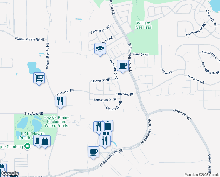 map of restaurants, bars, coffee shops, grocery stores, and more near 8704 Sebastian Drive Northeast in Lacey