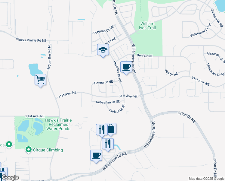 map of restaurants, bars, coffee shops, grocery stores, and more near 8704 Sebastian Drive Northeast in Lacey