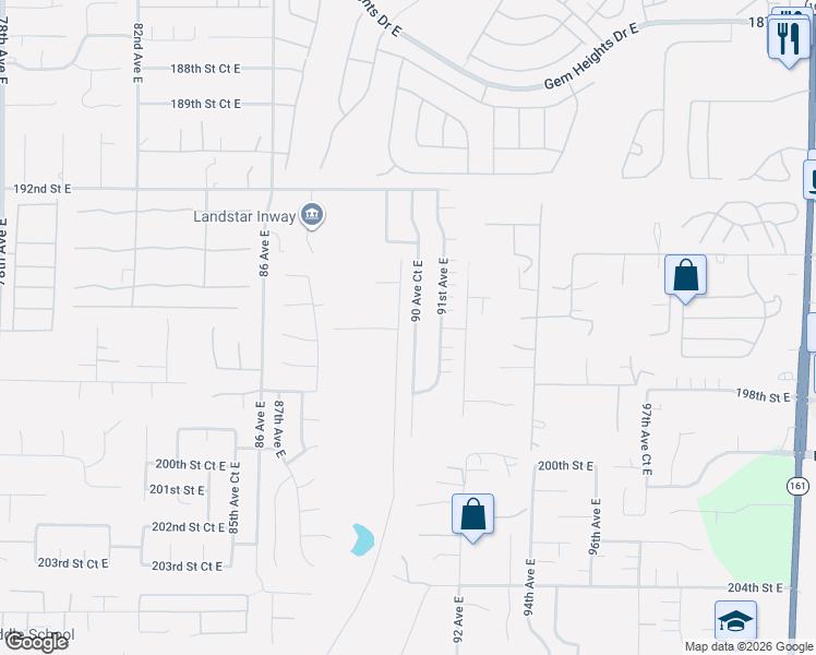 map of restaurants, bars, coffee shops, grocery stores, and more near 19710 90th Avenue Court East in Graham