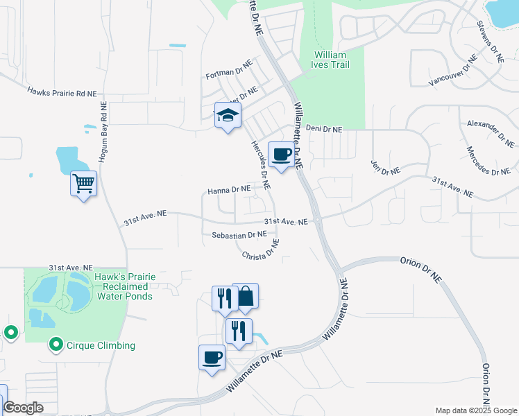 map of restaurants, bars, coffee shops, grocery stores, and more near 8704 Sebastian Drive Northeast in Lacey