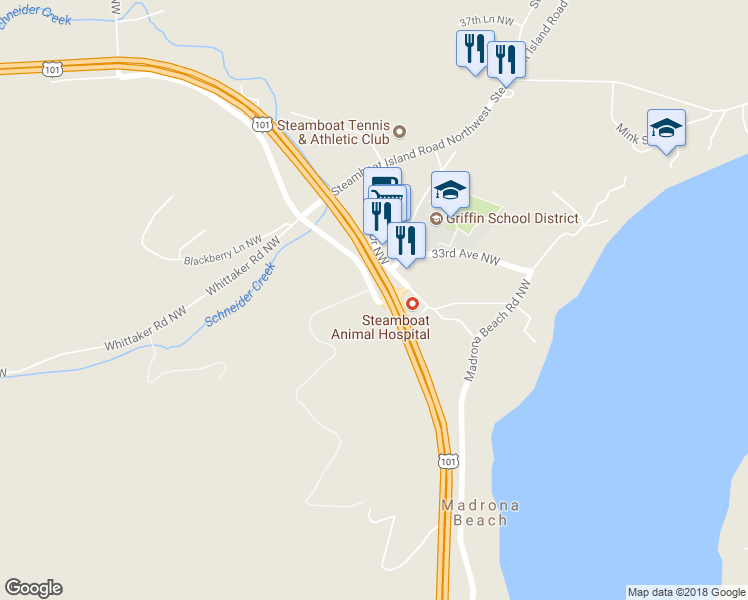 map of restaurants, bars, coffee shops, grocery stores, and more near 6701 Old Highway 101 Northwest in Olympia