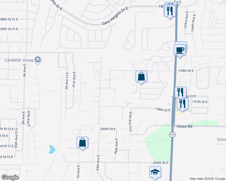 map of restaurants, bars, coffee shops, grocery stores, and more near 19505 95th Avenue East in Graham