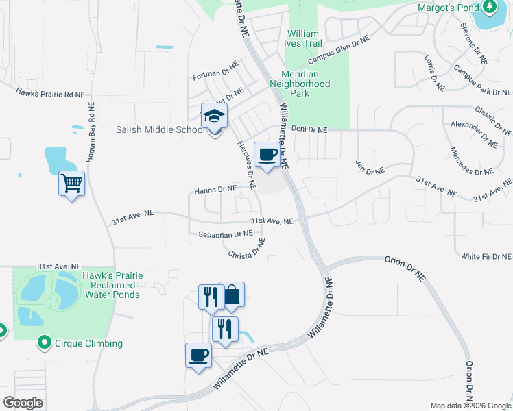 map of restaurants, bars, coffee shops, grocery stores, and more near 8700 Hanna Lane Northeast in Lacey