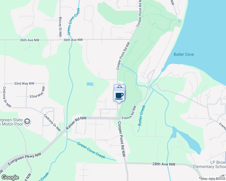 map of restaurants, bars, coffee shops, grocery stores, and more near 2927 33rd Lane Northwest in Olympia