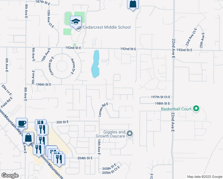 map of restaurants, bars, coffee shops, grocery stores, and more near 19610 15th Avenue Court East in Spanaway