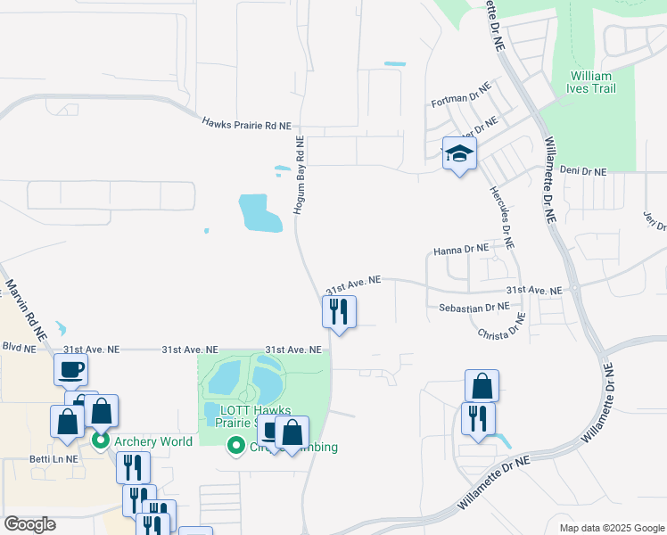 map of restaurants, bars, coffee shops, grocery stores, and more near 3141 Hogum Bay Road Northeast in Lacey