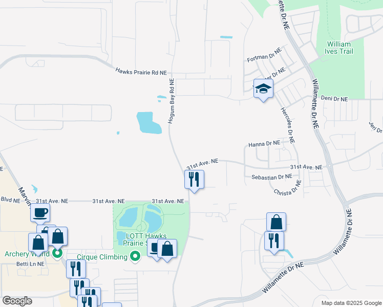 map of restaurants, bars, coffee shops, grocery stores, and more near 3130 Hogum Bay Road Northeast in Lacey