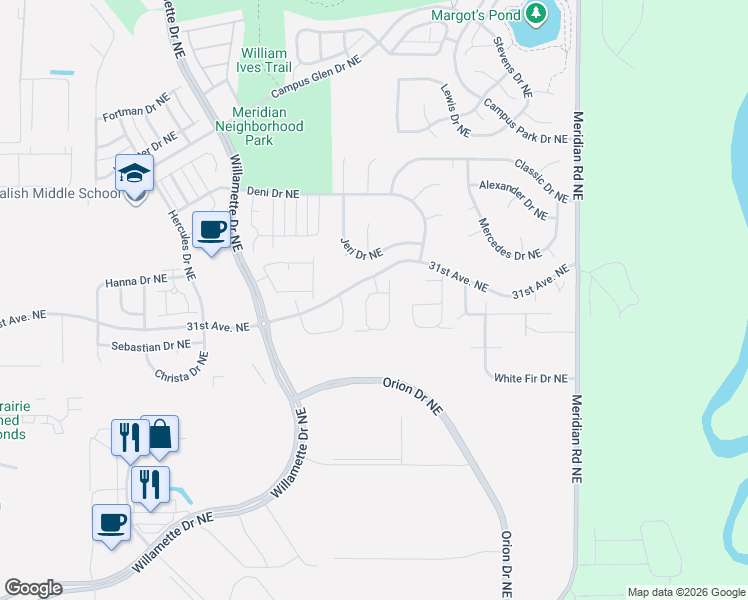 map of restaurants, bars, coffee shops, grocery stores, and more near 2905 Campus Prairie Loop Northeast in Lacey