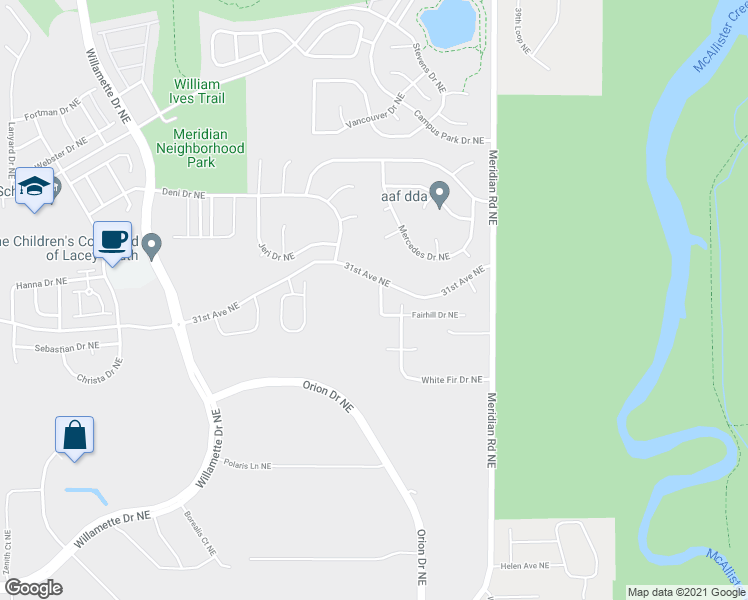 map of restaurants, bars, coffee shops, grocery stores, and more near 9233 Fairhill Drive Northeast in Olympia