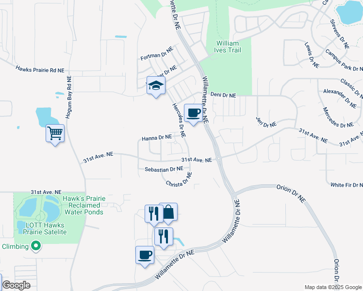 map of restaurants, bars, coffee shops, grocery stores, and more near 8700 Hanna Lane Northeast in Lacey