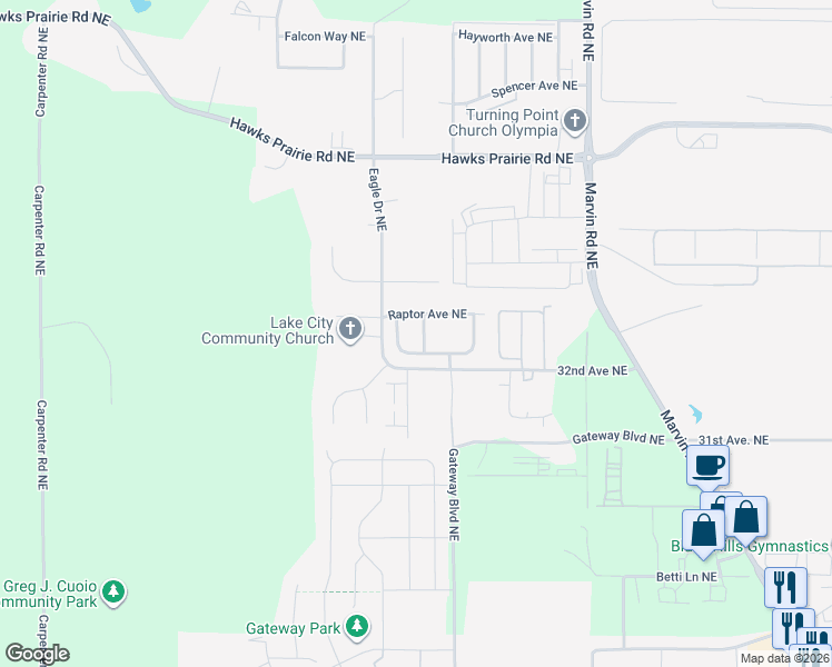 map of restaurants, bars, coffee shops, grocery stores, and more near 3144 Harrier Street Northeast in Lacey
