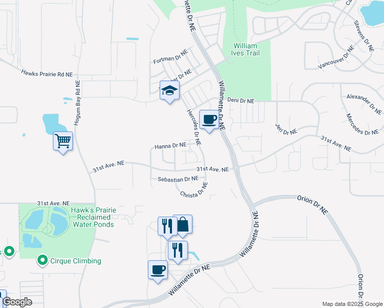 map of restaurants, bars, coffee shops, grocery stores, and more near 8700 Hanna Lane Northeast in Lacey