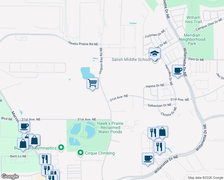 map of restaurants, bars, coffee shops, grocery stores, and more near 3141 Hogum Bay Road Northeast in Lacey