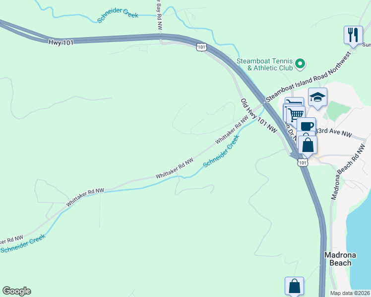 map of restaurants, bars, coffee shops, grocery stores, and more near 6826 Whittaker Road Northwest in Olympia