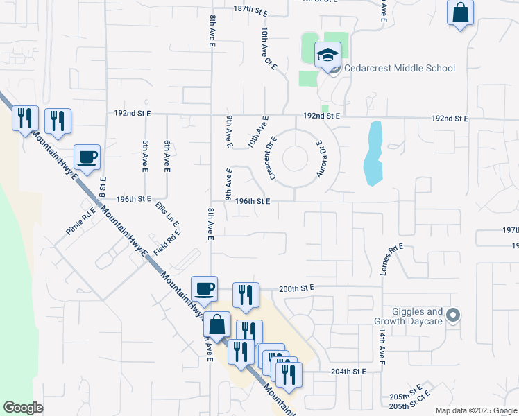 map of restaurants, bars, coffee shops, grocery stores, and more near 1001 196th Street East in Spanaway