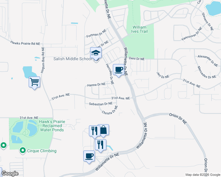 map of restaurants, bars, coffee shops, grocery stores, and more near 8700 Hanna Lane Northeast in Lacey