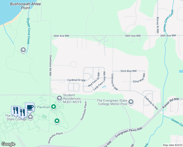 map of restaurants, bars, coffee shops, grocery stores, and more near 3802 Starling Drive Northwest in Olympia
