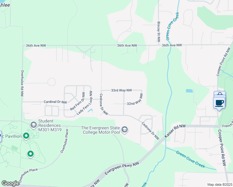 map of restaurants, bars, coffee shops, grocery stores, and more near 3536 33rd Way Northwest in Olympia