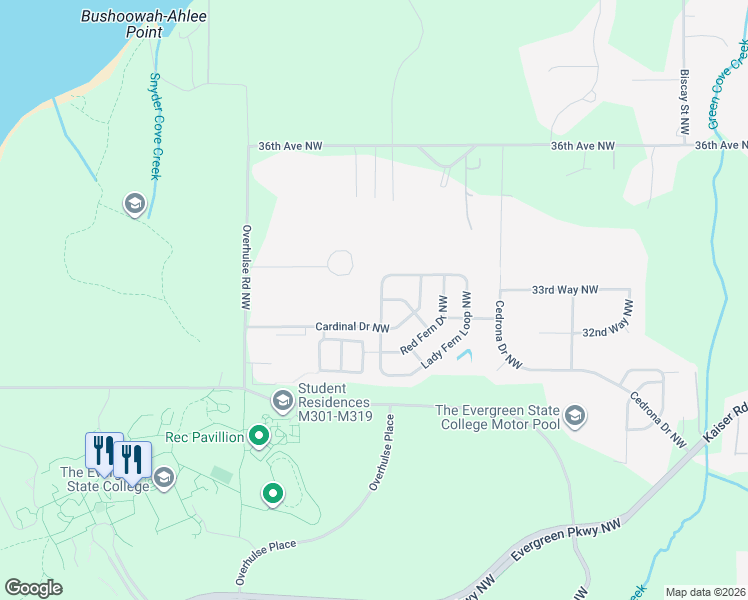 map of restaurants, bars, coffee shops, grocery stores, and more near 3306 Lady Fern Loop Northwest in Olympia