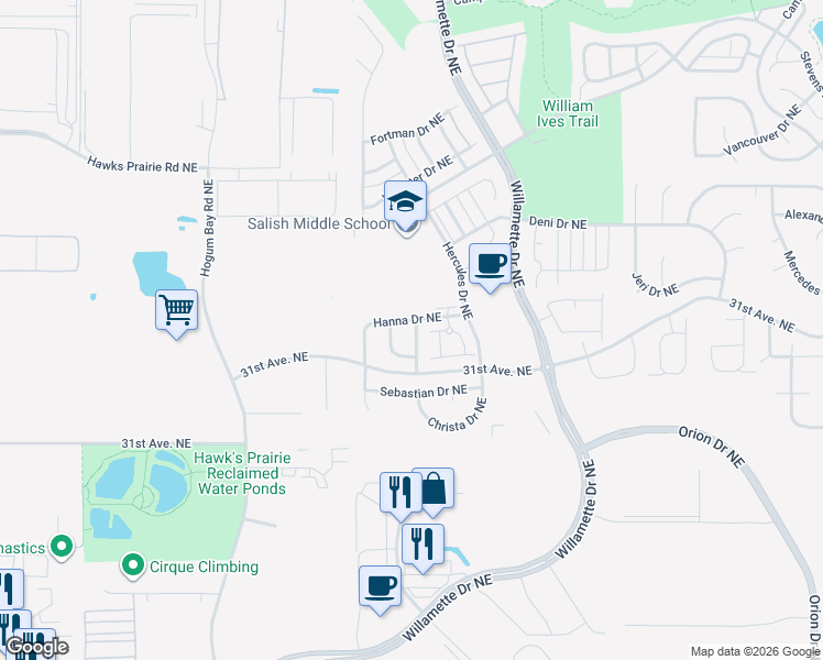 map of restaurants, bars, coffee shops, grocery stores, and more near 3137 Gladiator Street Northeast in Lacey