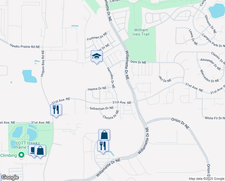 map of restaurants, bars, coffee shops, grocery stores, and more near 8700 Hanna Lane Northeast in Lacey