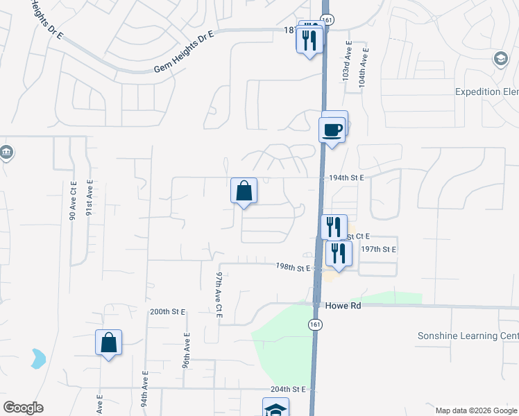 map of restaurants, bars, coffee shops, grocery stores, and more near 9902 195th Street Court East in Graham
