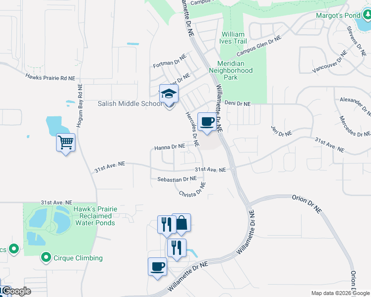 map of restaurants, bars, coffee shops, grocery stores, and more near 8700 Hanna Lane Northeast in Lacey