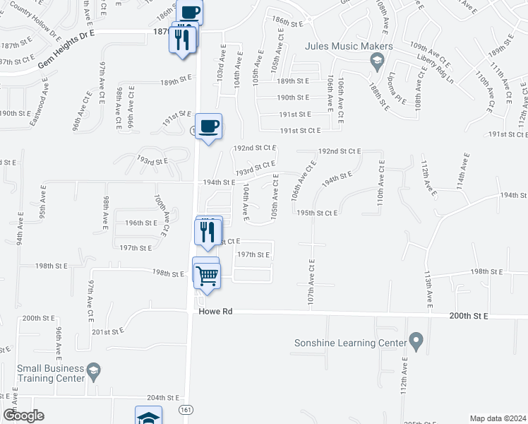 map of restaurants, bars, coffee shops, grocery stores, and more near 10428 195th Street Court East in Graham