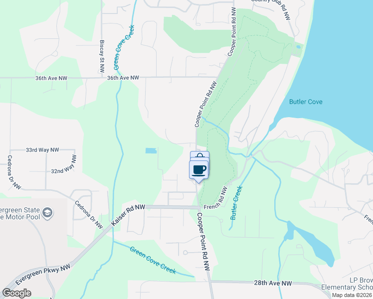 map of restaurants, bars, coffee shops, grocery stores, and more near 2927 33rd Lane Northwest in Olympia