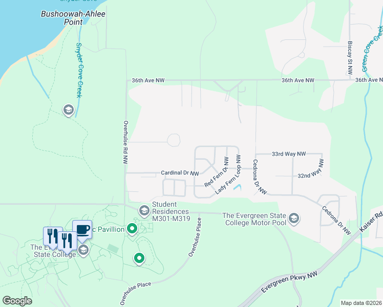 map of restaurants, bars, coffee shops, grocery stores, and more near 3306 Lady Fern Loop Northwest in Olympia